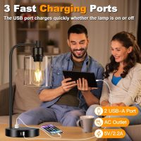 Set of 2 Industrial Touch Control Table Lamps with 2 USB Ports and AC Outlet - 3-Way Dimmable Black Bedside Lamps Nightstand Desk Lamps for Bedroom Living Room, Glass Shade & 2 LED Bulbs Included - Image 8