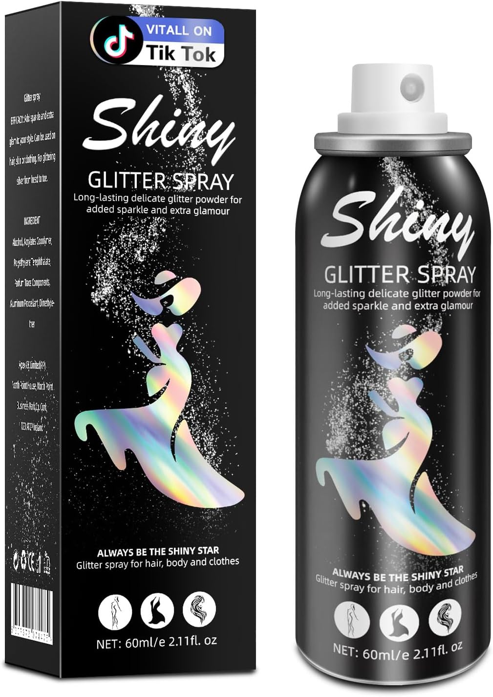 Body Glitter, Body Glitter Spray, Glitter Spray for Hair and Body, Long-Lasting and Quick-Drying Silver Glitter Hairspray Suitable for Stage, Festival Rave and Makeup Prom (2.11 Fl Oz)