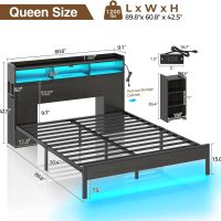 Rolanstar Bed Frame Queen Size with Bookcase Storage Headboard, Slide Out Bedside Storage, Bed with Charging Station & LED Lights, Heavy Duty Metal Slats, No Box Spring Needed, Noise Free, Black - Image 3