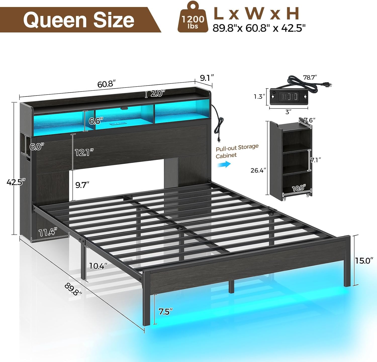 Rolanstar Bed Frame Queen Size with Bookcase Storage Headboard, Slide Out Bedside Storage, Bed with Charging Station & LED Lights, Heavy Duty Metal Slats, No Box Spring Needed, Noise Free, Black - Image 3