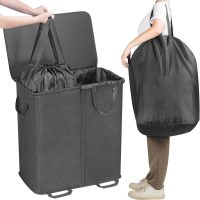 Lifewit Double Laundry Hamper with Lid and Removable Laundry Bags, Large Collapsible 2 Dividers Dirty Clothes Basket with Handles for Bedroom, Laundry Room, Closet, Bathroom, College, 136L Black - Image 4
