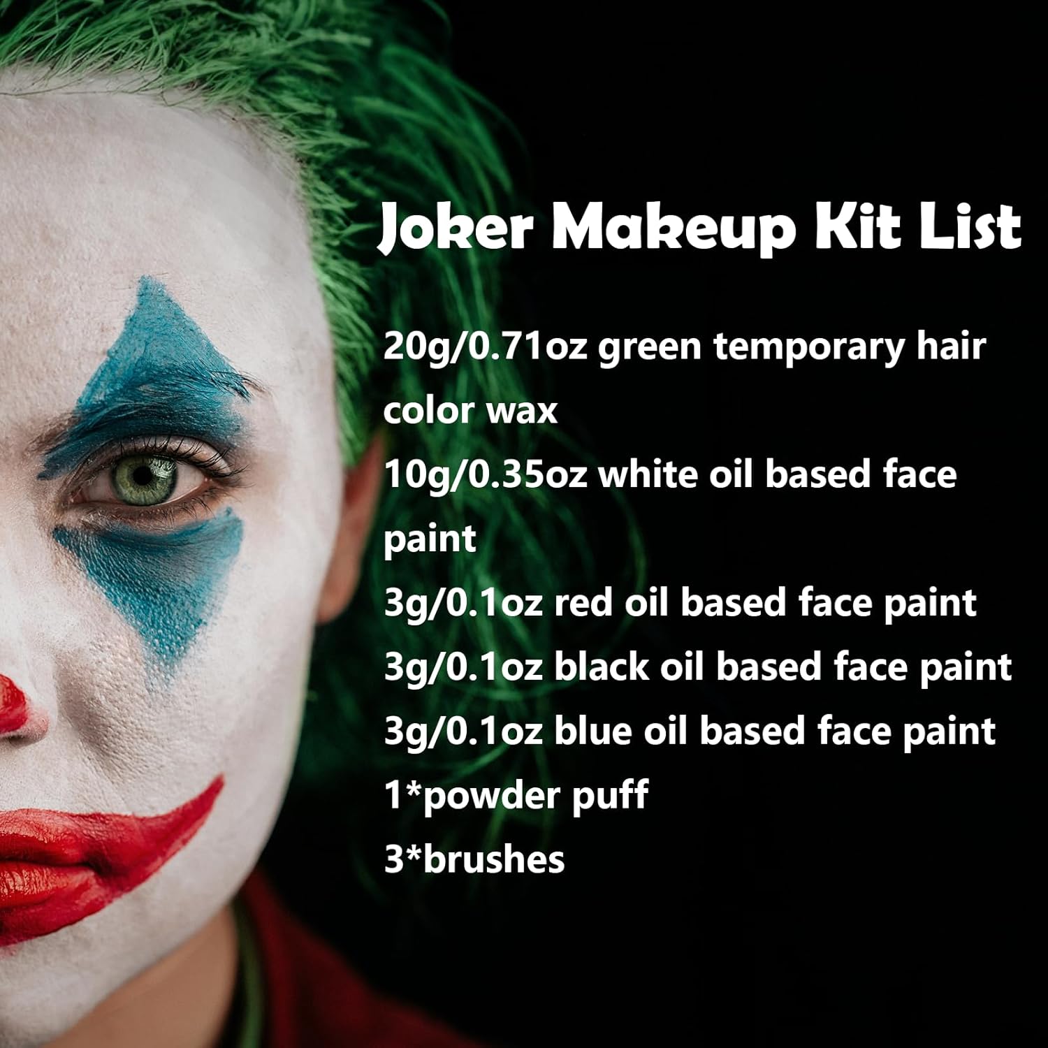 Halloween Joker Clown Makeup Kit - Joker Make Up Kit Includes White Red Black Blue Oil Based Face Body Paint and 20g Green Temporary Hair Color Wax, Powder Puff and 3 Blue Brushes, for Joker Cosplay - Image 2