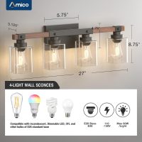Amico 4-Light Bathroom Vanity Light Fixtures, Rustic Industrial Painted Wood Farmhouse Light fixtures, Vintage Black Wall Sconces Bathroom Vanity Lighting with Clear Glass Shade - Image 6
