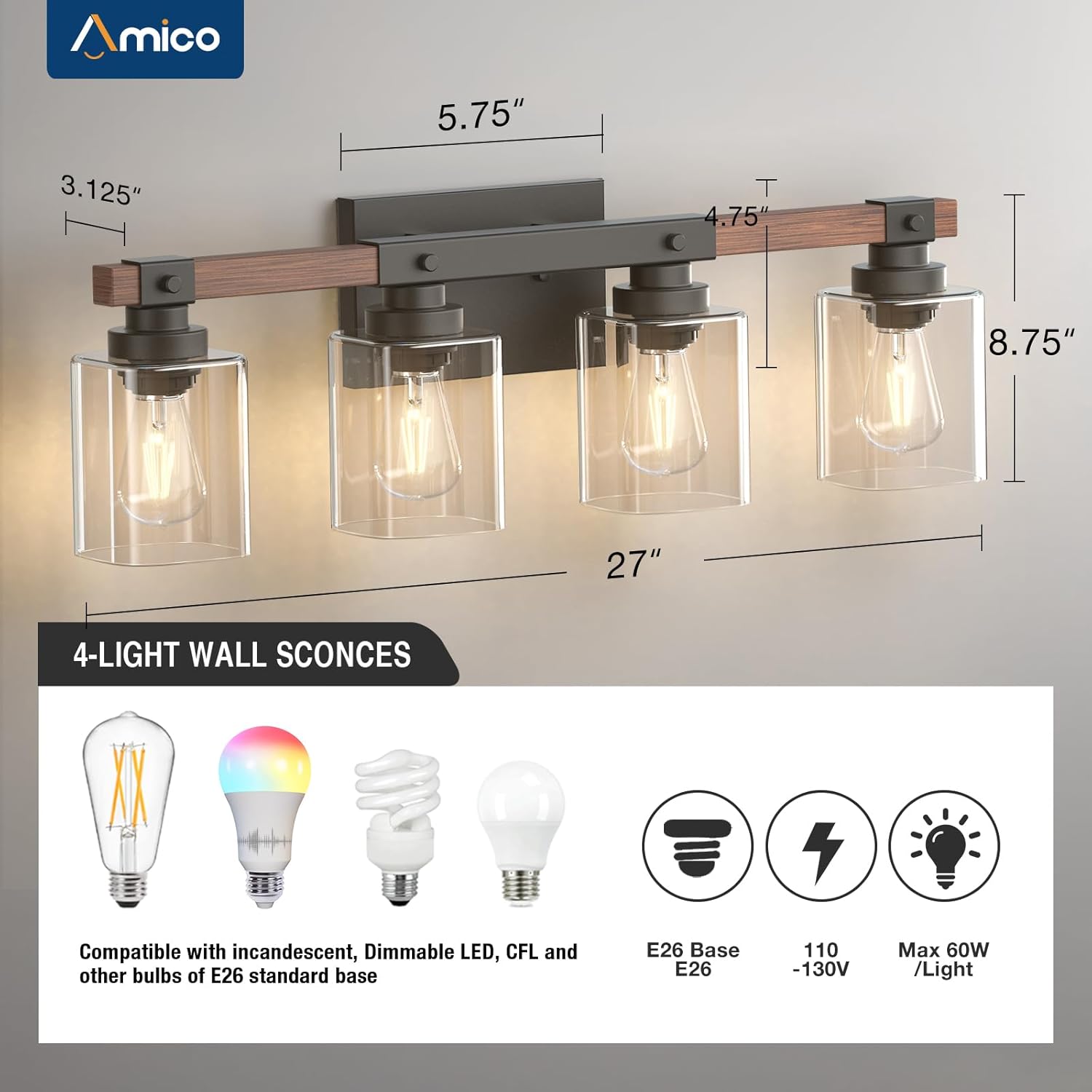 Amico 4-Light Bathroom Vanity Light Fixtures, Rustic Industrial Painted Wood Farmhouse Light fixtures, Vintage Black Wall Sconces Bathroom Vanity Lighting with Clear Glass Shade - Image 6