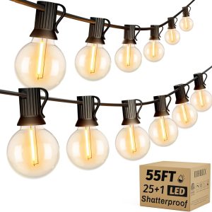 OHLUX Outdoor String Lights, 55FT Shatterproof LED Patio Lights with 26 Dimmable Plastic G40 Bulbs, 2200K Waterproof Connectable Hanging String for Backyard, Cafe, Porch, Deck, E12 Base