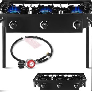 Outdoor Camping Stove, 225000 BTU, High Pressure 3 Burner, Propane Gas Cooker with Detachable Legs, 30 PSI Regulator