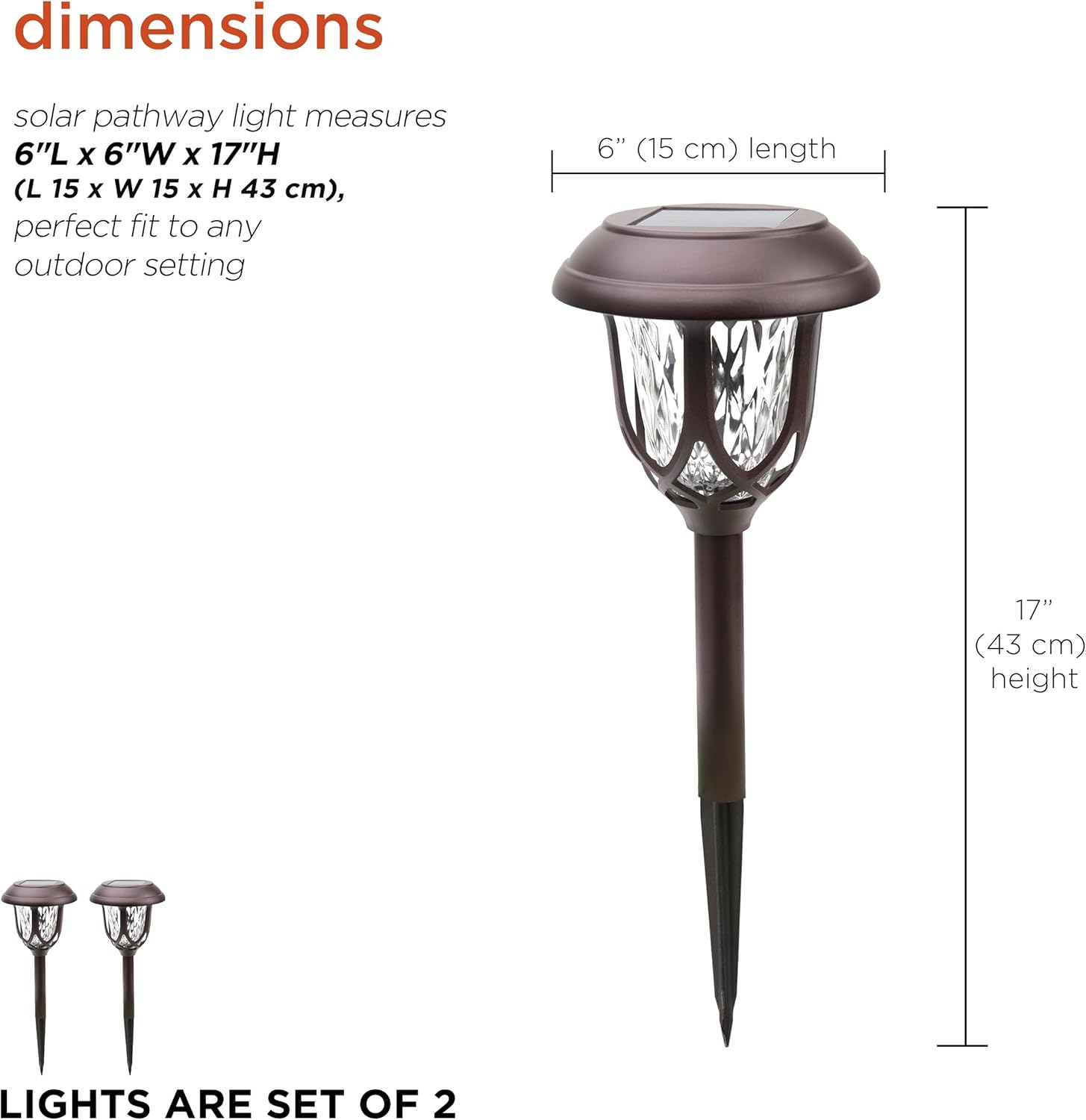 Alpine Corporation 17" Tall Super Bright High Lumen Outdoor Solar Powered Pathway Light Stakes, Bronze (Set of 2) - Image 3