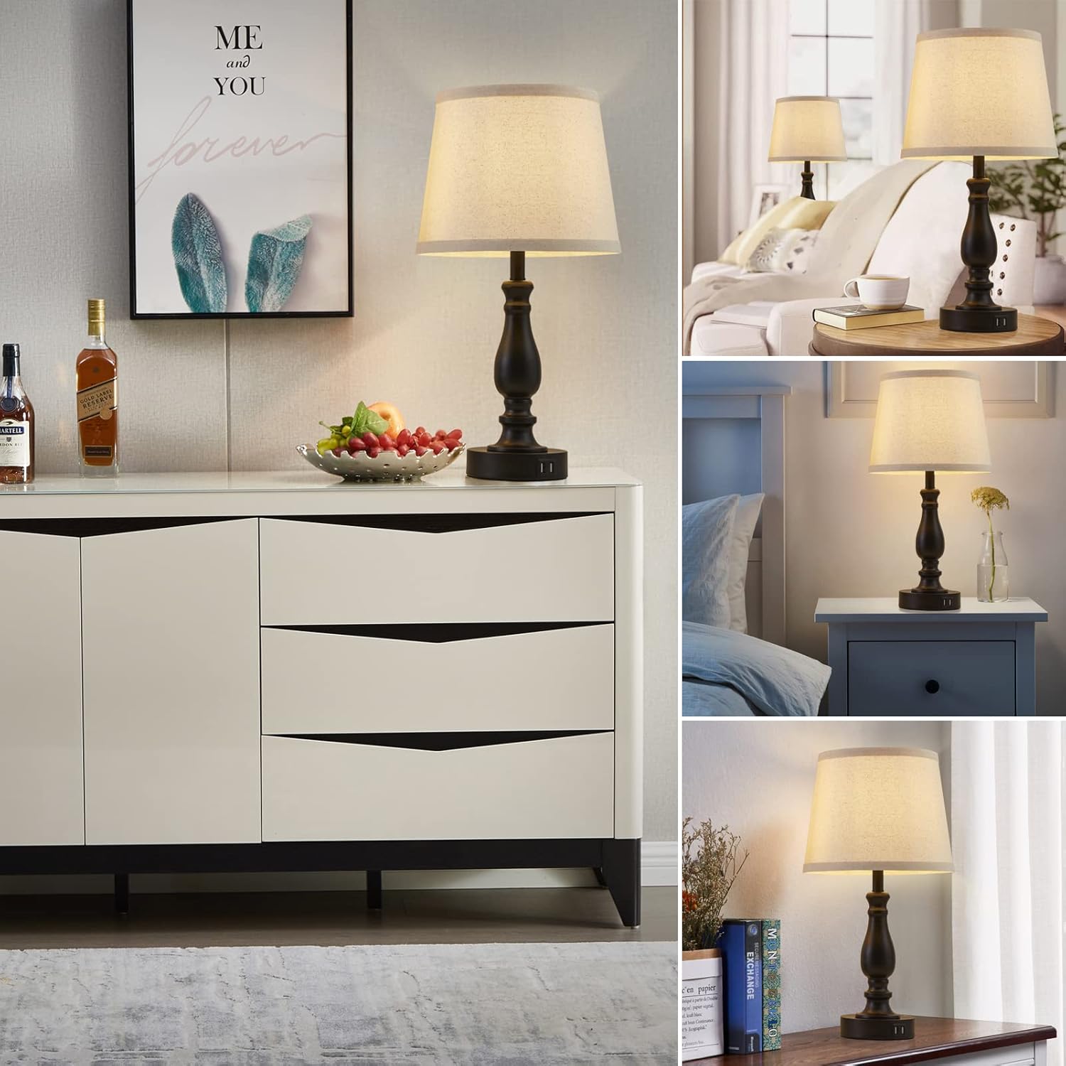 Lamps for Bedroom Set of 2,Touch Bedside Table Lamp with USB C+A Ports,3 Way Dimmable Nightstand Lamps with Round Fabric Linen Lampshade for Living Room Reading Bed Side End Table,Bulbs Included - Image 8