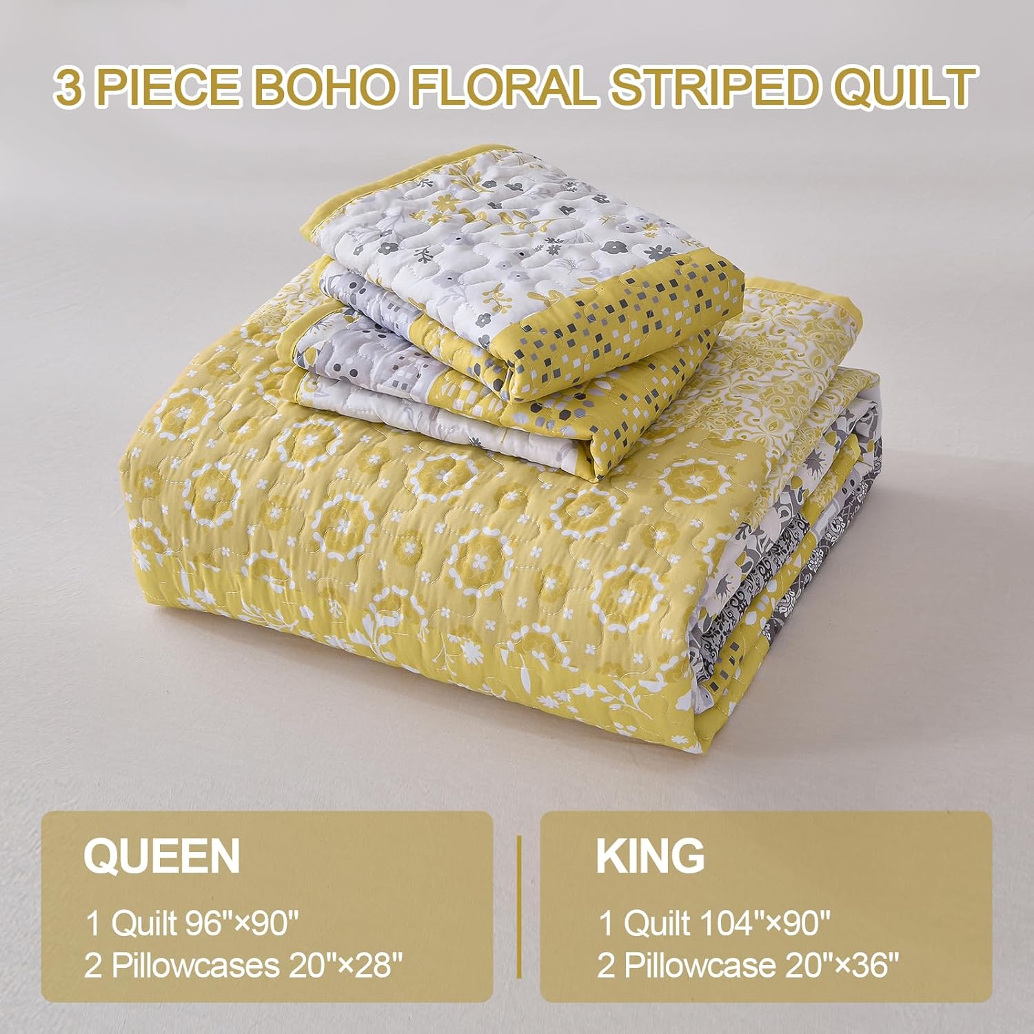 WONGS BEDDING Boho Quilt Set Queen, Yellow Bohemian Striped Patchwork Bedspread Coverlet Set with 2 Pillowcases,Lightweight Microfiber Floral Bedding Set 96"×90" - Image 7