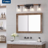 Amico 4-Light Bathroom Vanity Light Fixtures, Rustic Industrial Painted Wood Farmhouse Light fixtures, Vintage Black Wall Sconces Bathroom Vanity Lighting with Clear Glass Shade - Image 2