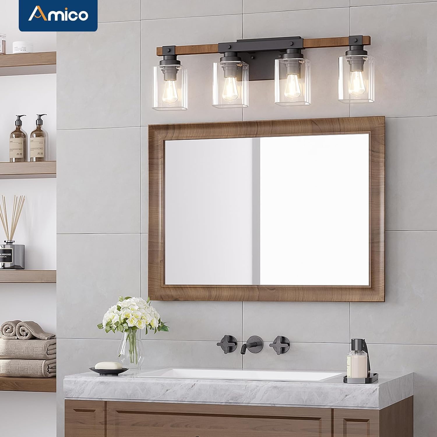 Amico 4-Light Bathroom Vanity Light Fixtures, Rustic Industrial Painted Wood Farmhouse Light fixtures, Vintage Black Wall Sconces Bathroom Vanity Lighting with Clear Glass Shade - Image 2