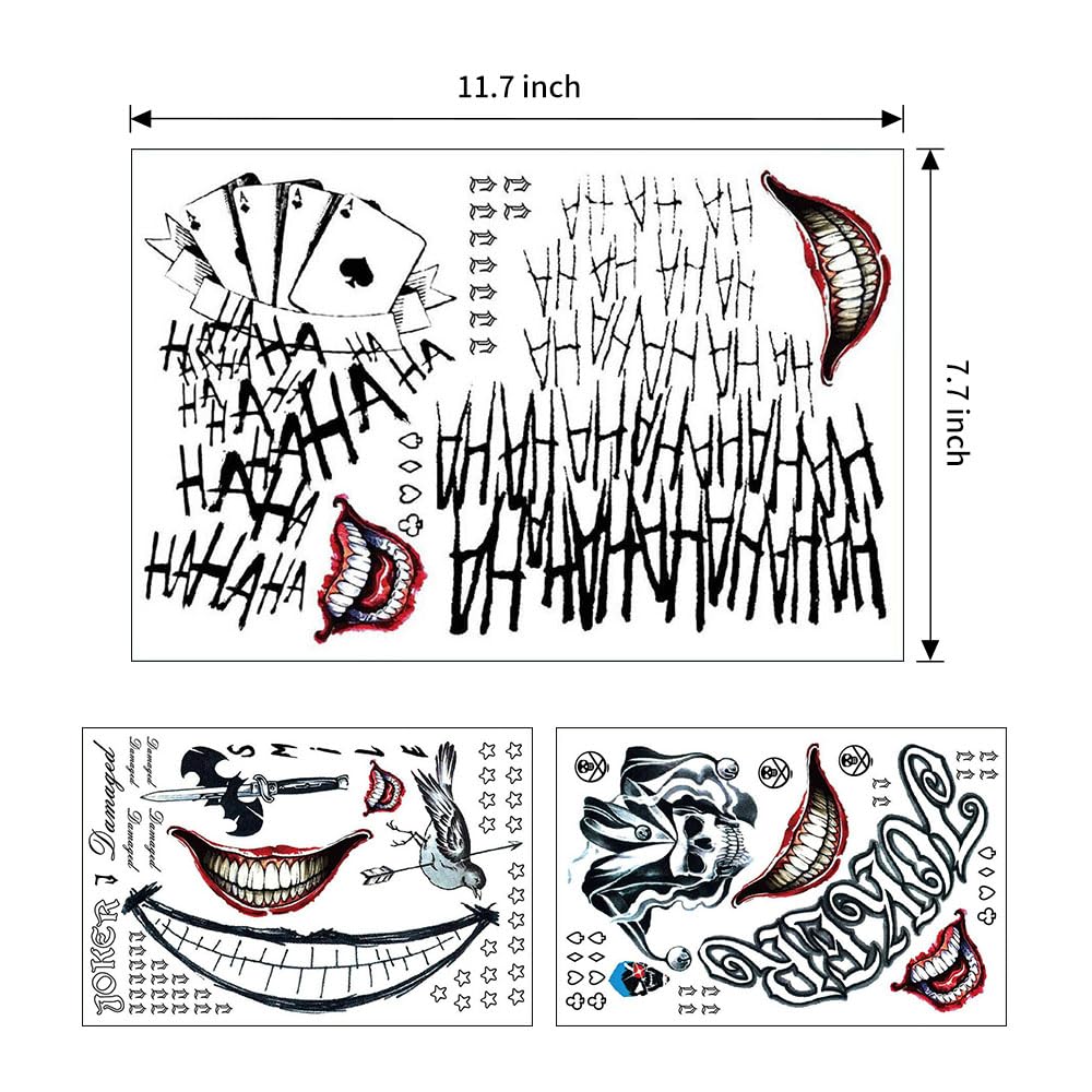 3 Sheets Joker Tattoos, Large-Size Halloween Temp Tattoo for Men, Realistic Waterproof Last-Long Fake Stickers for Suicide Squad Clown HQ Costume Cosplay Party Accessories Masquerade Makeup - Image 2