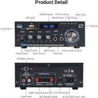 Stereo Receiver & Amplifier Home Audio Amp, AK45 Bluetooth Receiver for Home Stereo, 300Wx2, Bluetooth 5.0, 2 Channel, w/FM & Karaoke, w/USB/SD/RCA/MIC/FM in, w/Remote, for Garage Party Market - Image 4