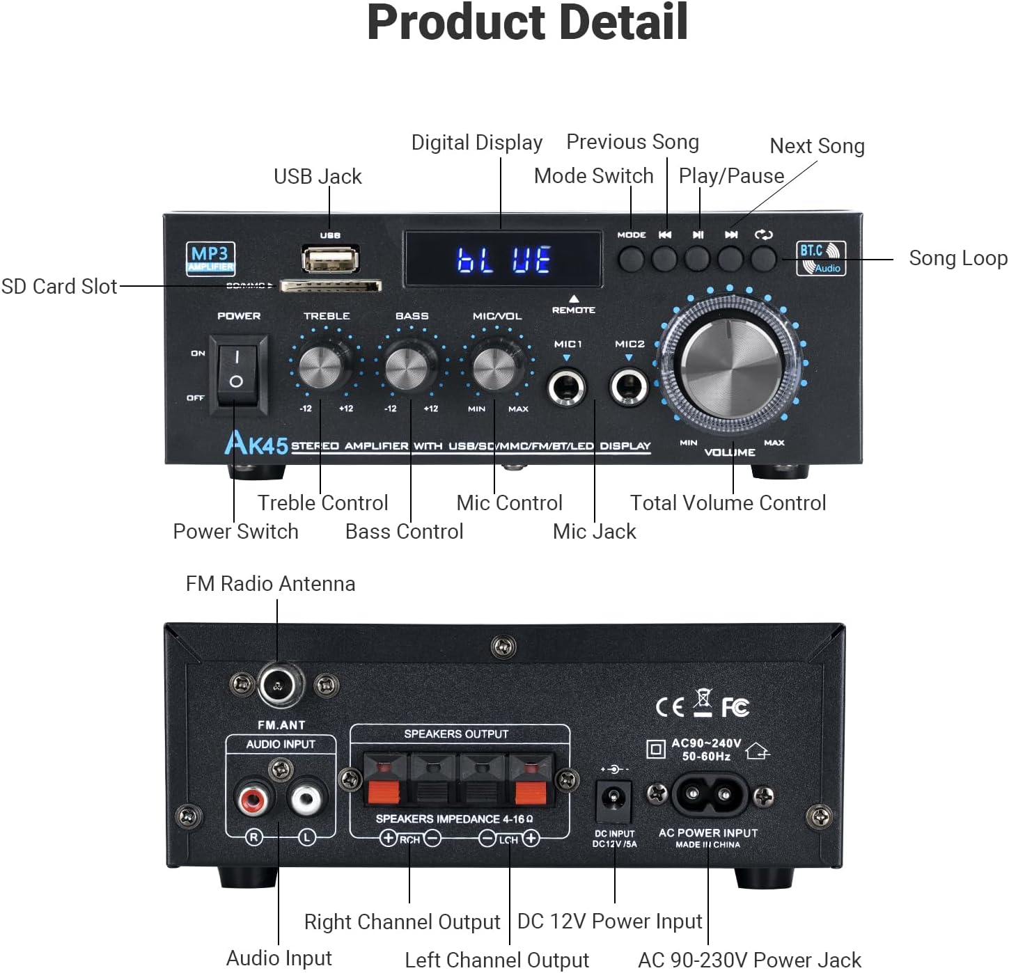 Stereo Receiver & Amplifier Home Audio Amp, AK45 Bluetooth Receiver for Home Stereo, 300Wx2, Bluetooth 5.0, 2 Channel, w/FM & Karaoke, w/USB/SD/RCA/MIC/FM in, w/Remote, for Garage Party Market - Image 4