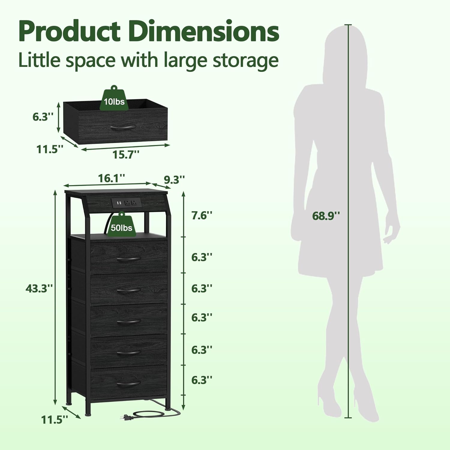 Furnulem 5 Drawers Dresser with Charging Station, Fabric Chest of Drawers with Open Shelf, Tall Night Stand, Bedside Table for Closet, Entryway, Bedroom Furniture, 3 Ways to Use, Black Oak - Image 3
