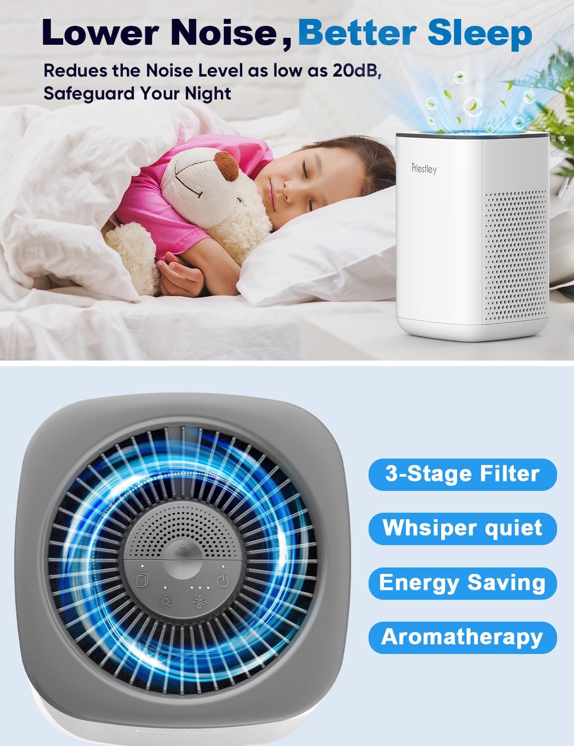 Priestley Small Air Purifiers for Home Bedroom Dorm Office Desktop, 20dB Quiet 3-in-1 HEPA Air Purifier with Essential Oil Diffuser, Air Filters Smoke, Allergies, Pet Dander, Odor, Dust - Image 6