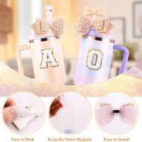 White Cup Accessories Set for Stanley 30OZ & 40OZ Tumbler with Handle, Letter Charms, Bow & Diamond Straw Covers, Glitter Silicone Boot, Personalized Sticker for Stanley Cup Accessories (V) - Image 4