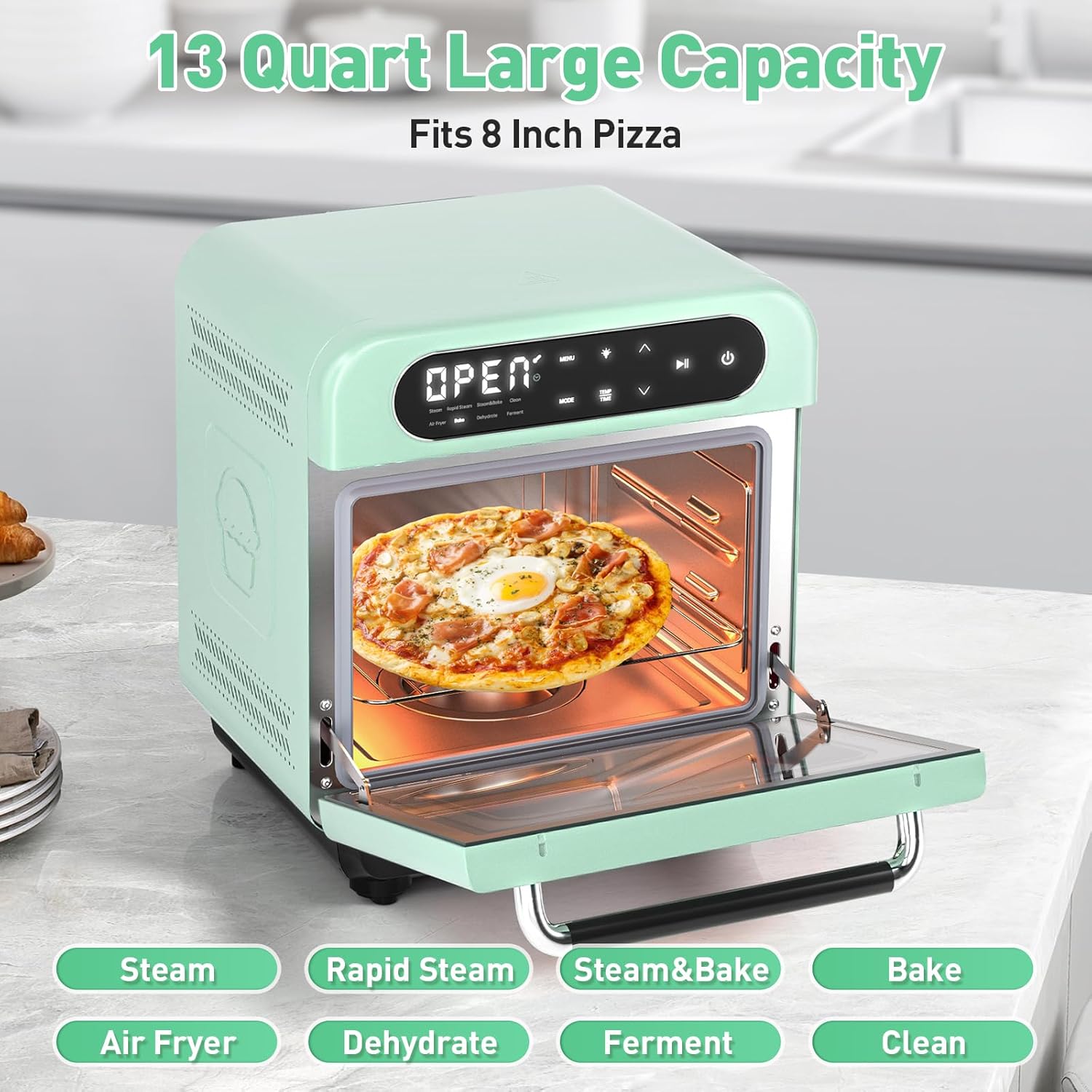 Secura Multifunction Air Fryer Steam Oven, 13 Quart Compact Oven with Convection Bake, Airfryer, Rapid Steam, Ferment, Dehydrator Combo, Nutritious & Delicious Food Steamer for Cooking (Mint Green) - Image 2