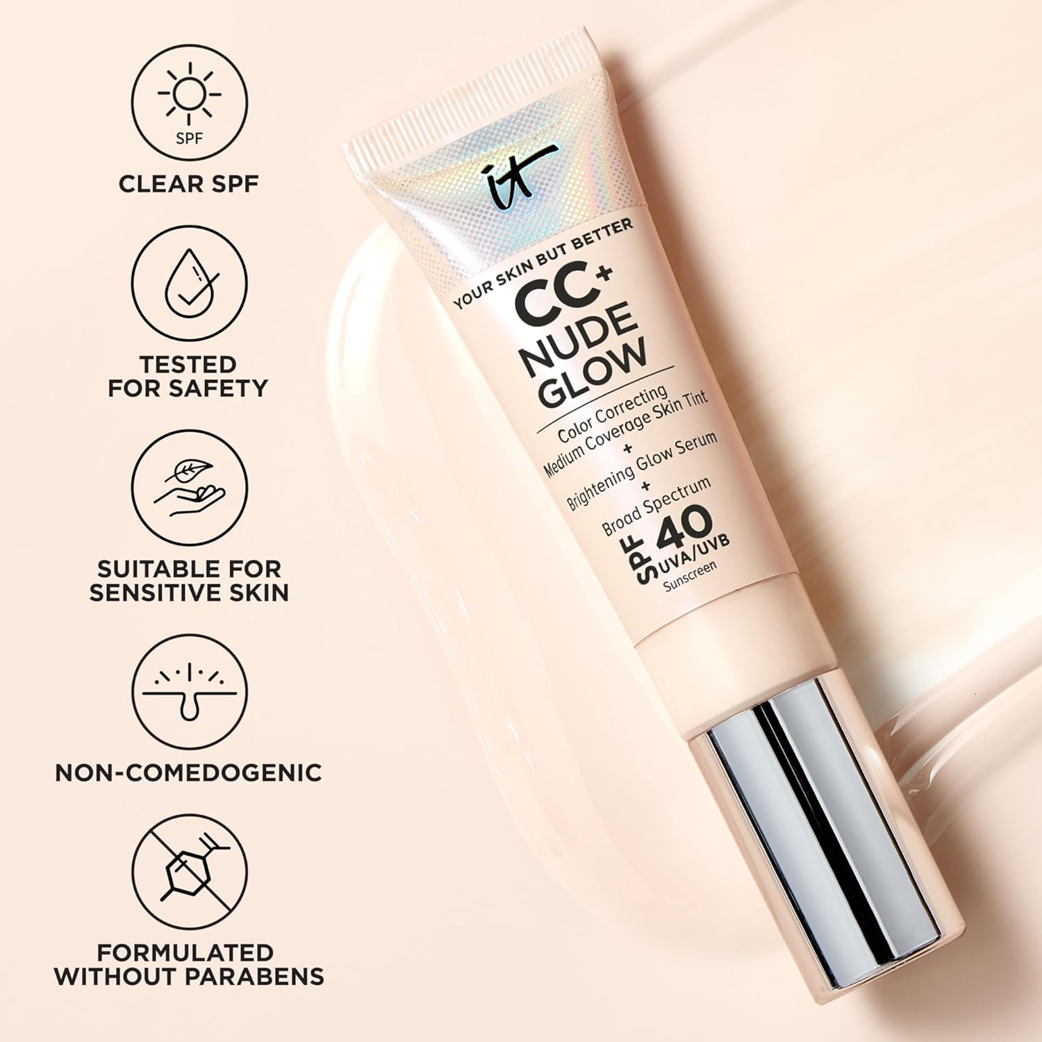 IT Cosmetics CC+ Nude Glow - Medium Coverage Foundation with SPF 40 & Brightening Glow Serum, Lightweight Skin Tint, 2% Niacinamide + Hyaluronic Acid, Up to 24H Hydration, Normal/Dry Skin - 1.08 fl oz - Image 8