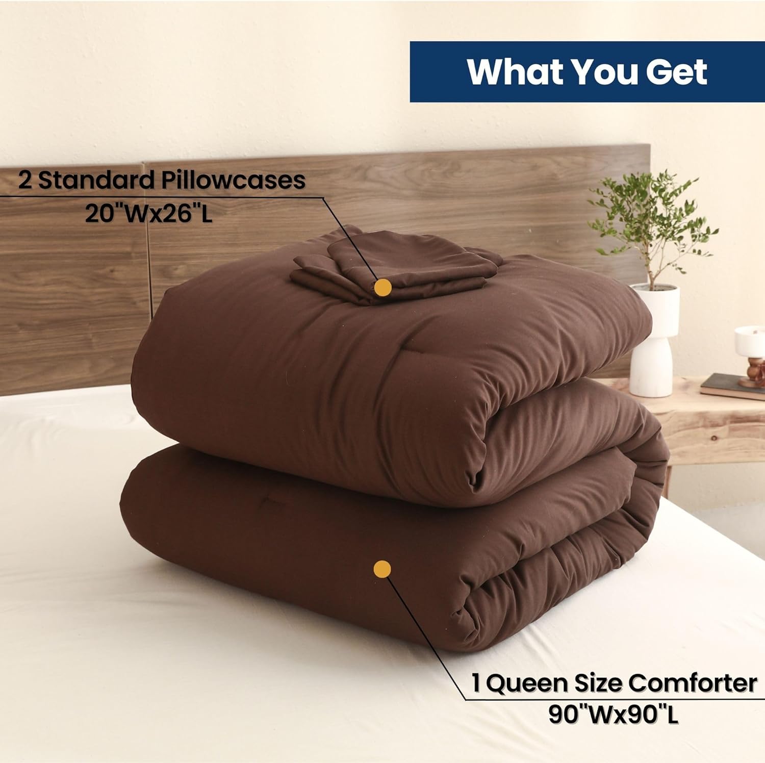 Paxrac Earthy Brown Comforter Queen Size, Neutral 3 Pieces Comforter Set, Lightweight Solid Bedding Set, All Seasons Soft Fluffy Queen Comforter Set (90x90In Comforter & 2 Pillowcases) - Image 7