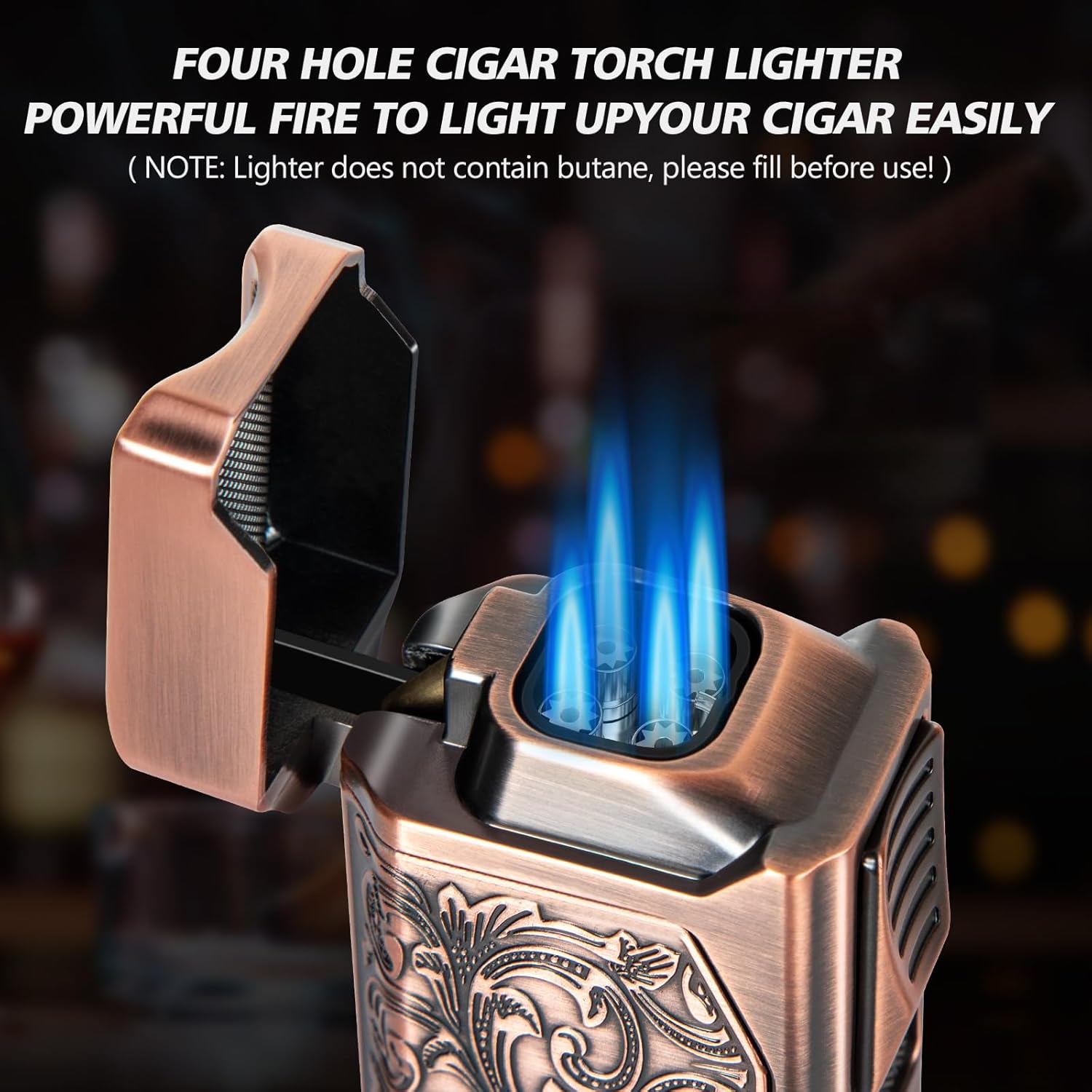 Cigar Torch Lighter, 4 Jet Flame Cigar Lighter with Cigar Cutter V Cut Cigar Accessories Cigar Holder Cigar Punch Cigar Draw Enhancer, Windproof Refillable Butane Lighter, Cigar Gifts for Men - Image 3