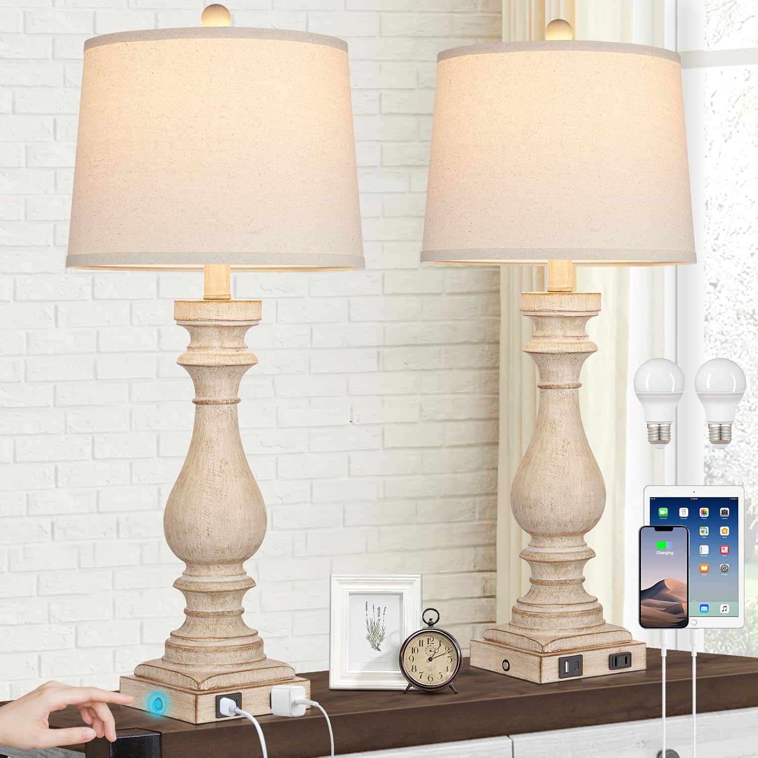 29" Tall Table Lamp for Living Room Set of 2,Vintage Bedside Nightstand Lamps with USB C+A Ports & AC Outlet,3-Way Dimmable Touch Control Desk Lamp for Bedroom,Color 1