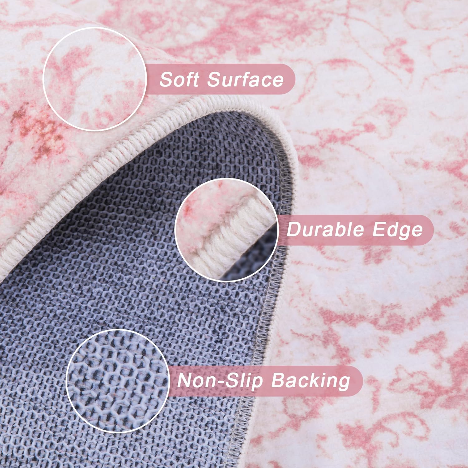 Area Rug - 5x7 Vintage Floral Honeycomb Non Slip Backing Carpet - Pink Softer Thicker Faux Wool Rug - Foldable & Machine Washable Rugs for Living Room Bedroom Nursery Room Home Office - Image 6