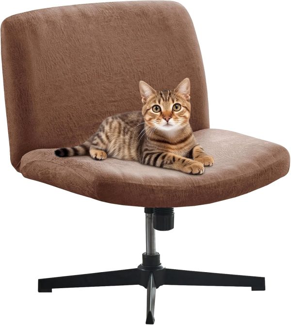 FUANGUI Criss Cross Chair Cover, Faux Leather Looking Stretch Mid Back Wide Armless Accent Chair Slipcover, Exquisite Vanity Chair Cover for Dorm Home Desk Office Chair - Camel