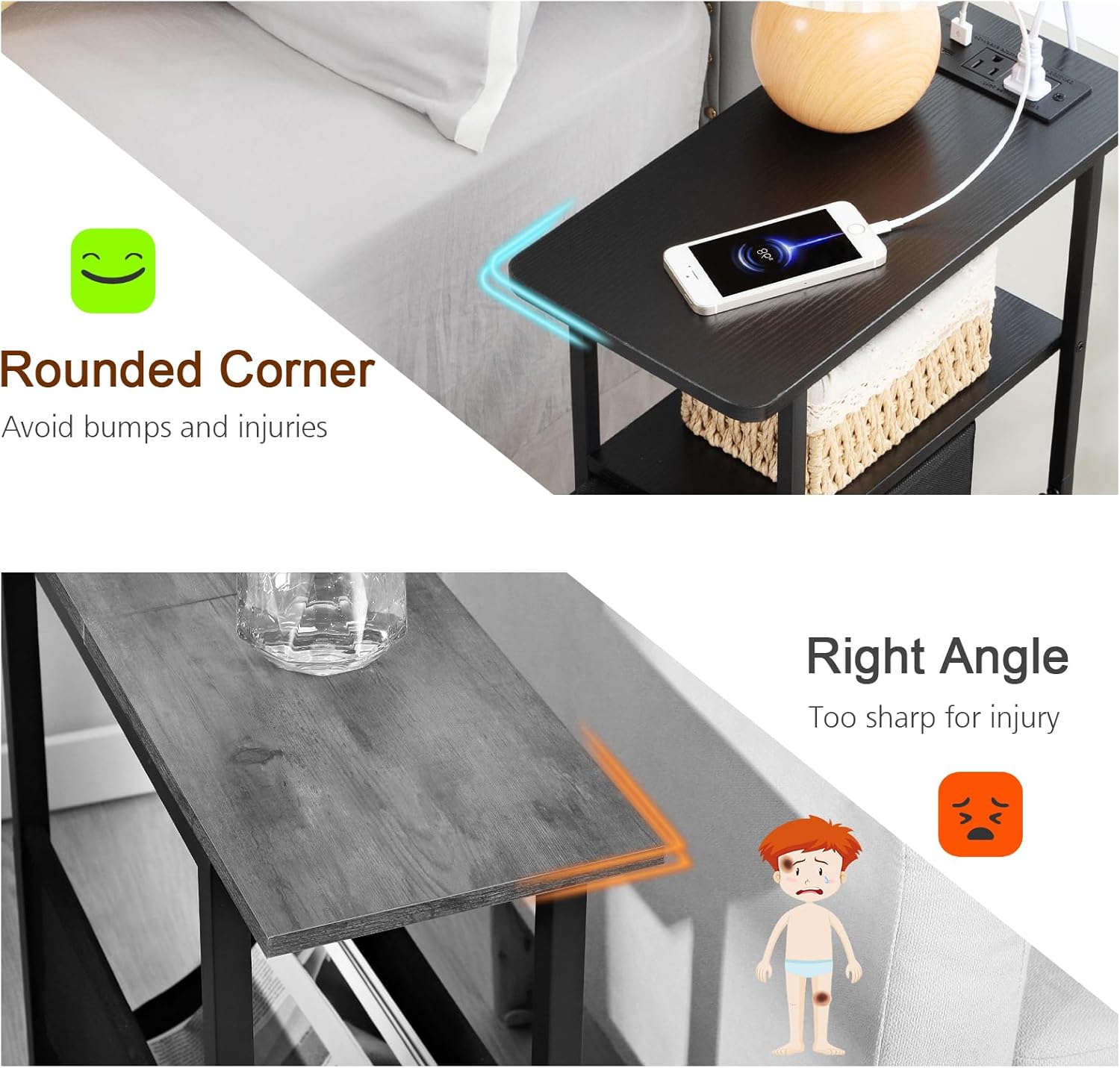 Narrow End Tables Living Room Set of 2 with Charging Station, Skinny Side Table with Fabric Drawers, Slim Nightstand for Bedroom, Small Spaces, Couch, Black, HETNDP03BK - Image 6
