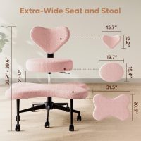 Ergonomic Cross Legged Chair, 360° Swivel Meditation Chair with Wheels, Height Adjustable Seat for ADHD, Strong Lumbar Support, Chic Home Office Furniture, Teddy Fabric, Pink - Image 2