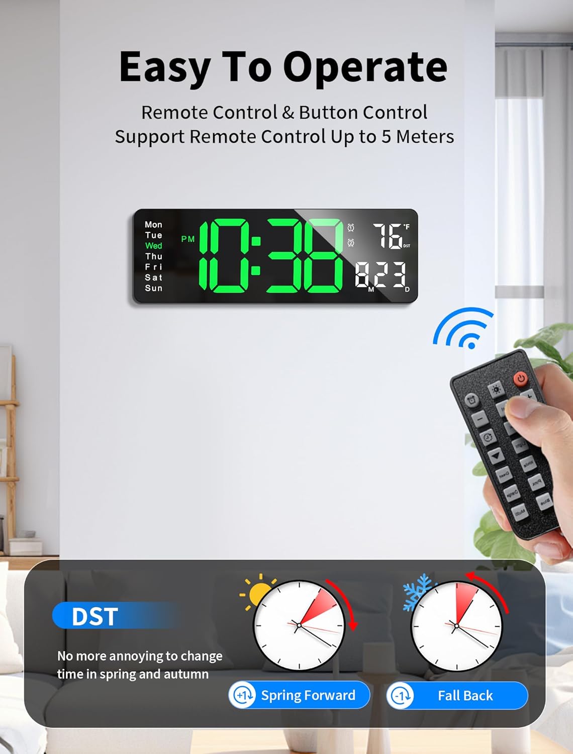 MASHI Digital Wall Clock, 16" Large Display Digital Clock with Remote Control, Auto-Dimming Wall Clock with Night Light, DST, Date Week,Temp for Living Room, Bedroom, Decor, Gift for Elderly - Image 5