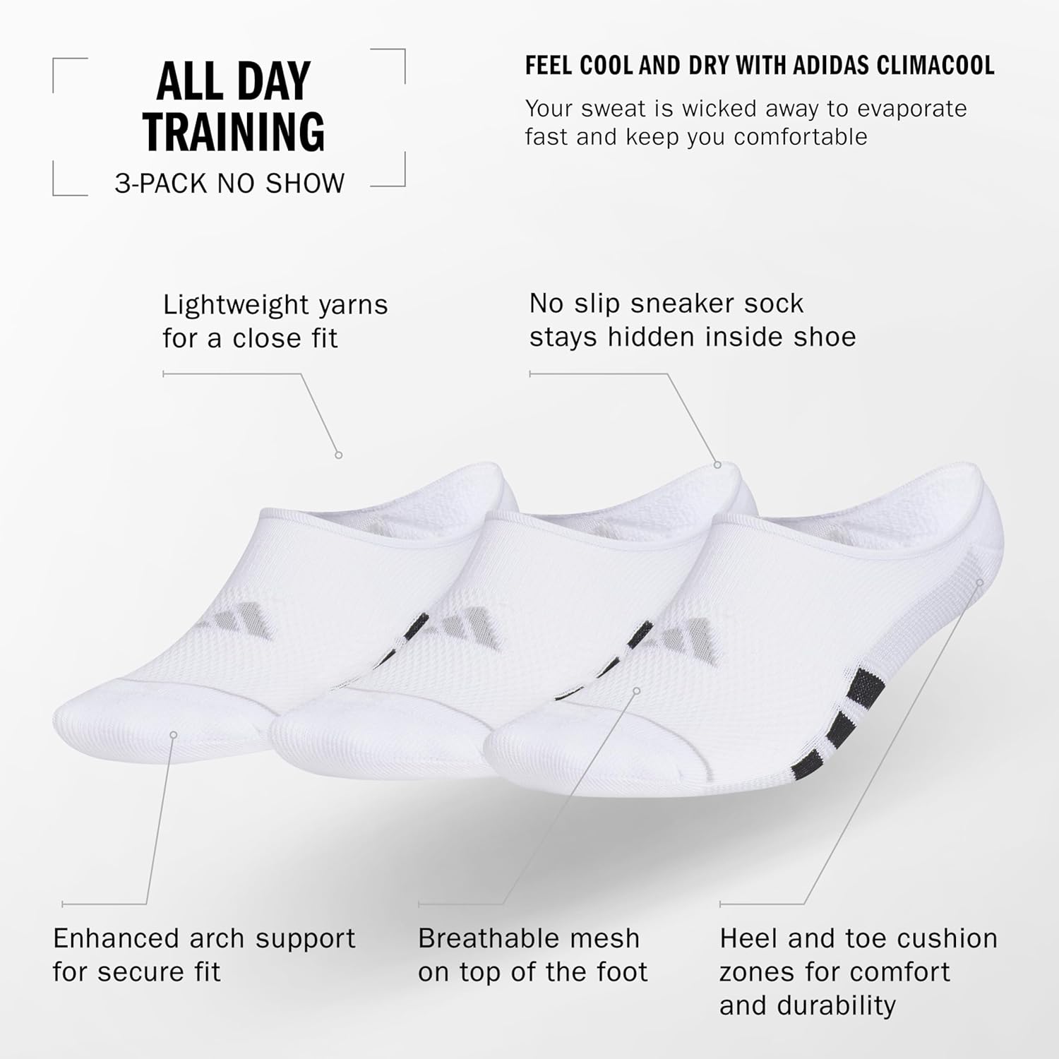 adidas Men's All Day Training Super No Show Socks sport performance liner height socks for running (3-Pair) - Image 2