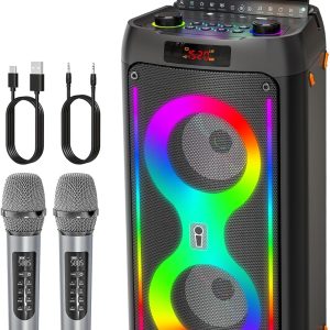 Karaoke Machine for Adults, Portable Bluetooth Speaker with 2 Wireless Microphones, PA System with Disco Lights for Big Party, Outdoor, Supports USB/TF/REC/AUX, Ideal Gifts for Family, Music Lover