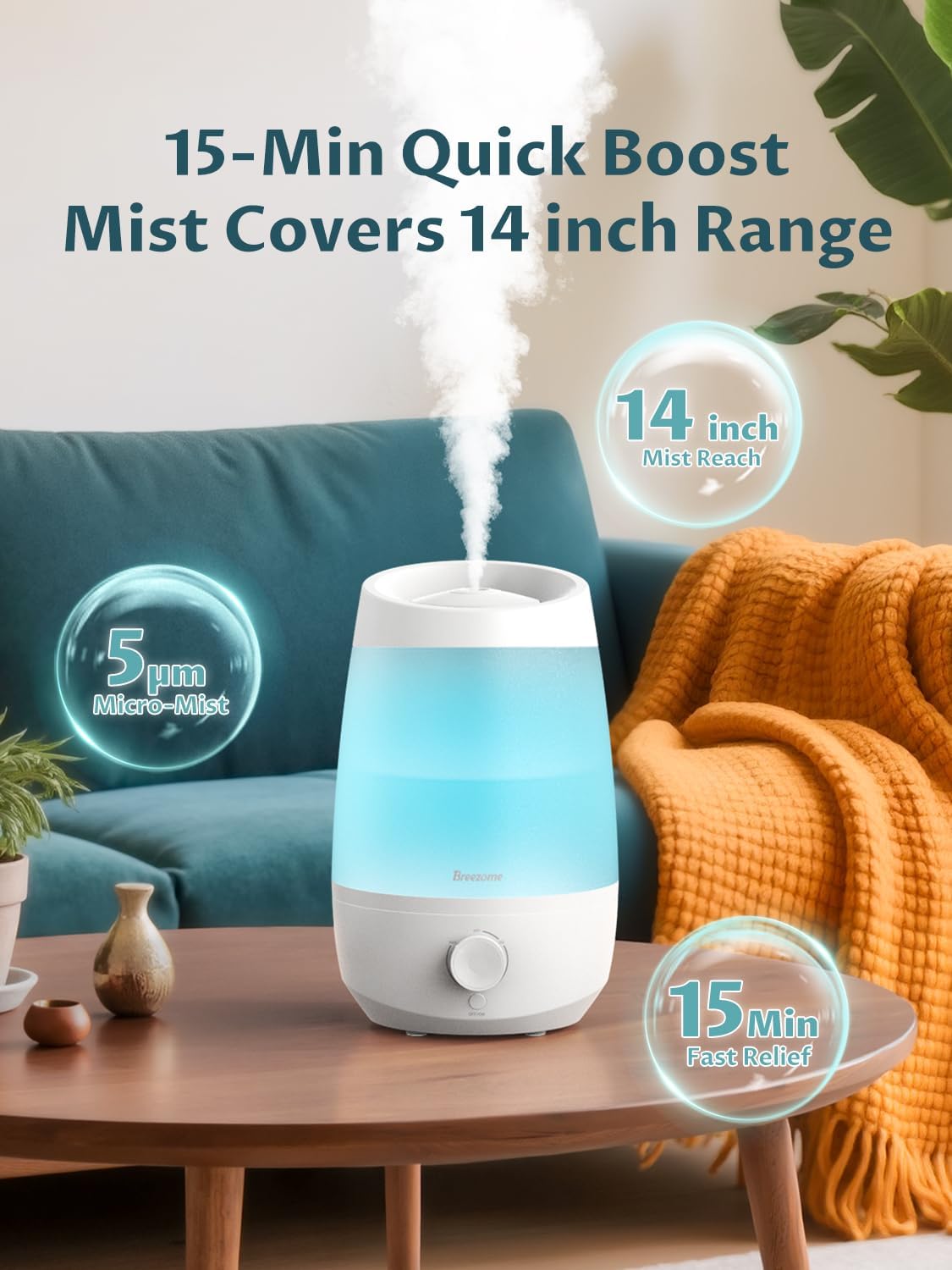 BREEZOME Humidifiers for Bedroom, 2.5L Humidifiers for home, 250ml/h Mist Output, 7 Adjustable LED,25hrs Essential Oil Diffuser, 25dB Ultra-Quiet Operation for Nurseries and Indoor Plants, White - Image 4