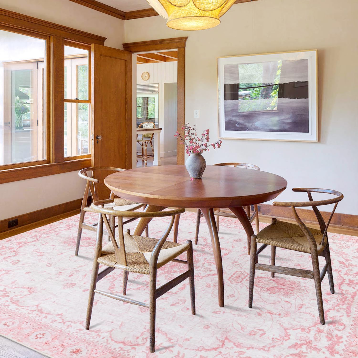 Area Rug - 5x7 Vintage Floral Honeycomb Non Slip Backing Carpet - Pink Softer Thicker Faux Wool Rug - Foldable & Machine Washable Rugs for Living Room Bedroom Nursery Room Home Office - Image 4