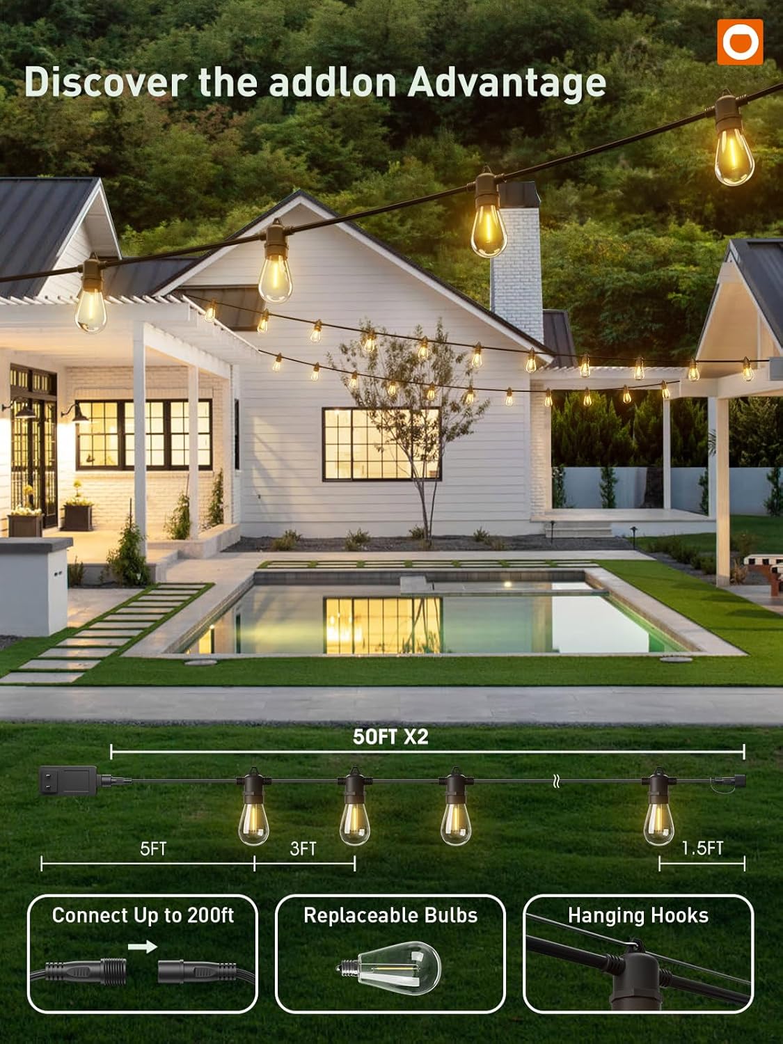addlon 100FT LED Outdoor String Lights, Remote Dimmable Patio Lights with Timer & 3 Lighting Modes, 32 Shatterproof Edison Bulbs, Waterproof Connectable String Lights for Outside Backyard Porch Party - Image 7