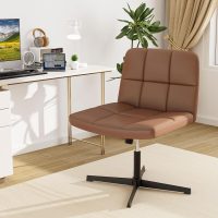 Giantex Criss Cross Chair, PU Leather Cross Legged Office Chair No Wheels, Height-Adjustable Swivel Vanity Chair with U-Shaped Seat, Armless Wide Desk Chair for Home, Office, Make Up, Brown - Image 4