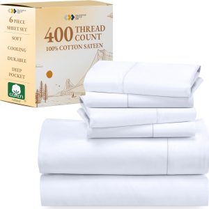 California Design Den 6 Pc King Size Sheet Set with 4 Pillowcases - Soft 400 Thread Count 100% Cotton Sheets, Sateen, Deep Pockets with All Around Elastic, Cool & Durable Bedding Set - White