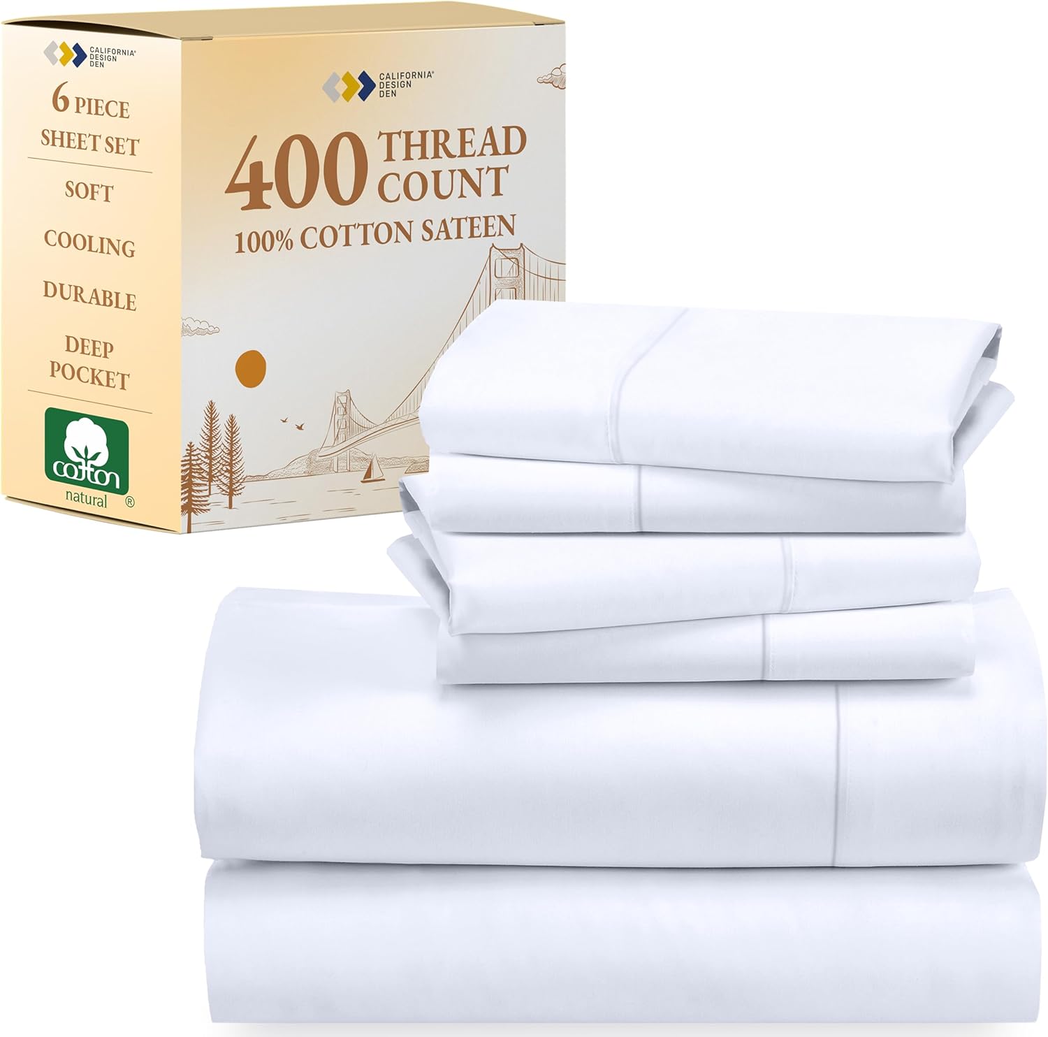 California Design Den 6 Pc King Size Sheet Set with 4 Pillowcases - Soft 400 Thread Count 100% Cotton Sheets, Sateen, Deep Pockets with All Around Elastic, Cool & Durable Bedding Set - White