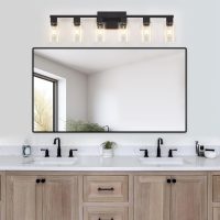 6 Light Bathroom Vanity Light, Matte Black Vanity Light Fixtures, Large Vanity Lights for Bathroom, Farmhouse Light Fixtures with Clear Glass Shade for Bathroom Over Mirror - Image 5