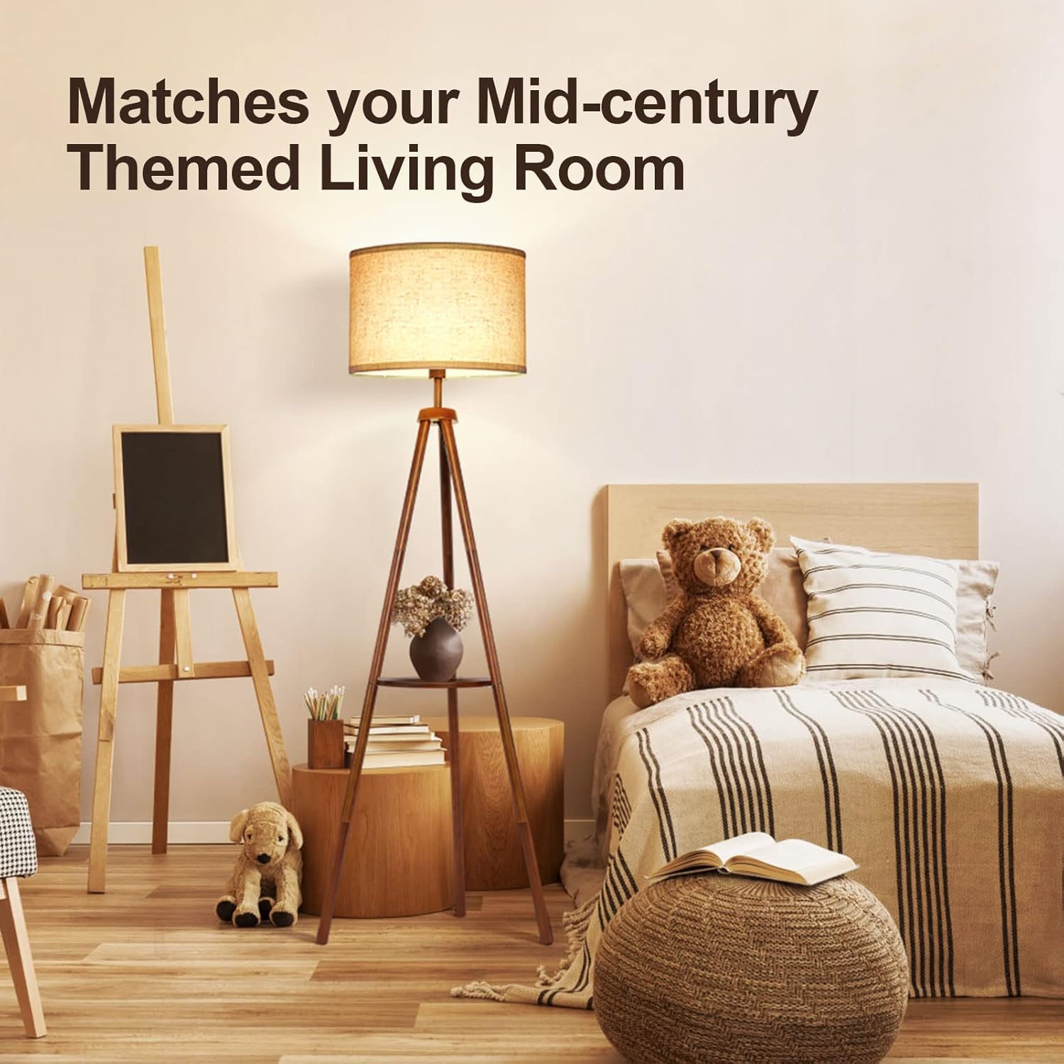 OUTON Wood Tripod Floor Lamp with Shelves, Mid Century LED Modern Dimmable Floor Lamp with Remote Control, Sturdy Tall Standing Lamp with Beige Linen Texture Shade for Living Room, Bedroom, Office - Image 8