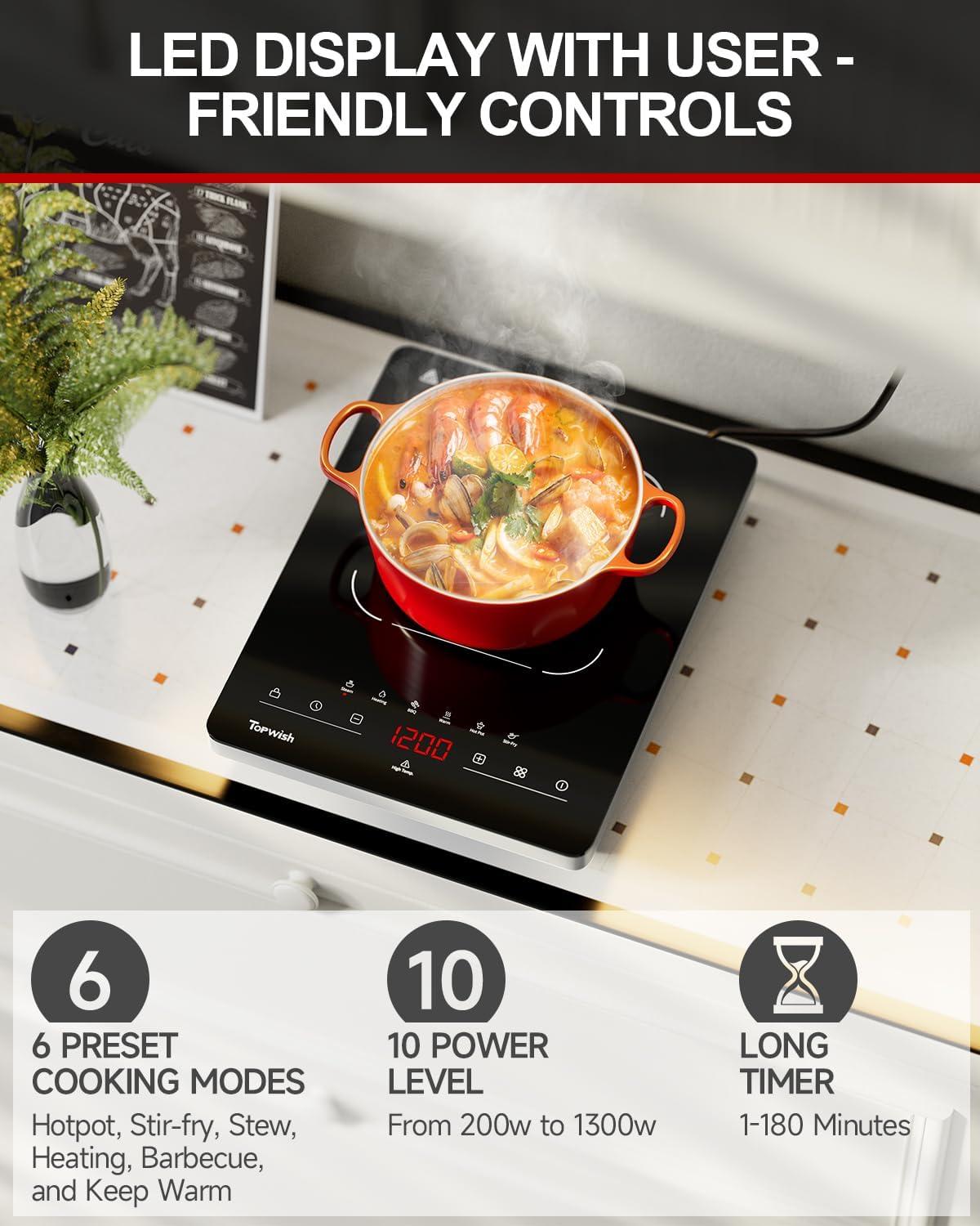 Portable Electric Stove,110V Single Burner Electric Cooktop, Countertop Burner Hot Plate with 6 Preset Functions,10 Power Levels,LED Touch Control, Child Lock &Timer - Image 2