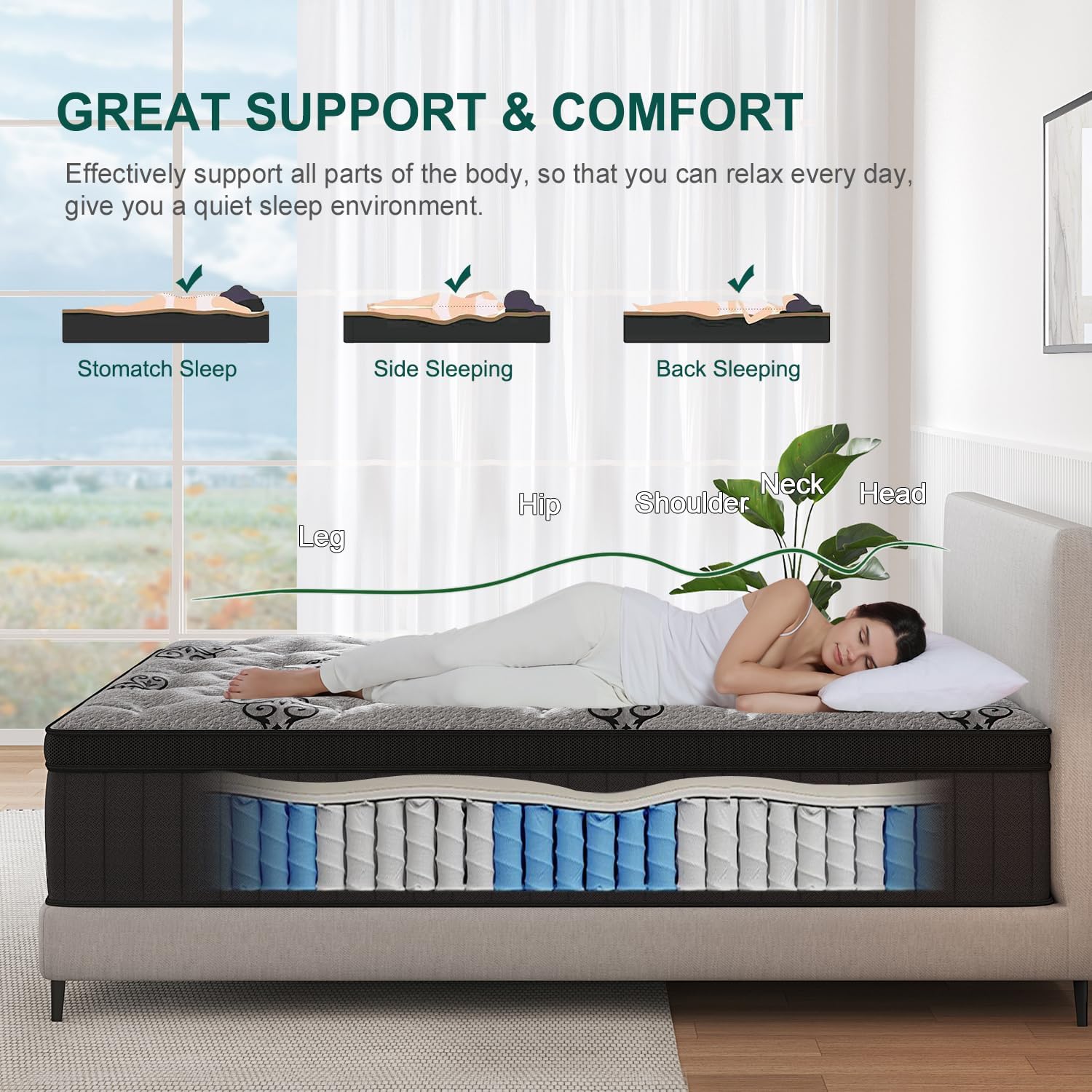 Full Mattress, 12 Inch Hybrid Mattresses Bed in a Box with Gel Memory Foam & Pocket Spring, Euro Top, Medium Firm for Back Support & Pressure Relief, Motion Isolation, Grey - Image 7