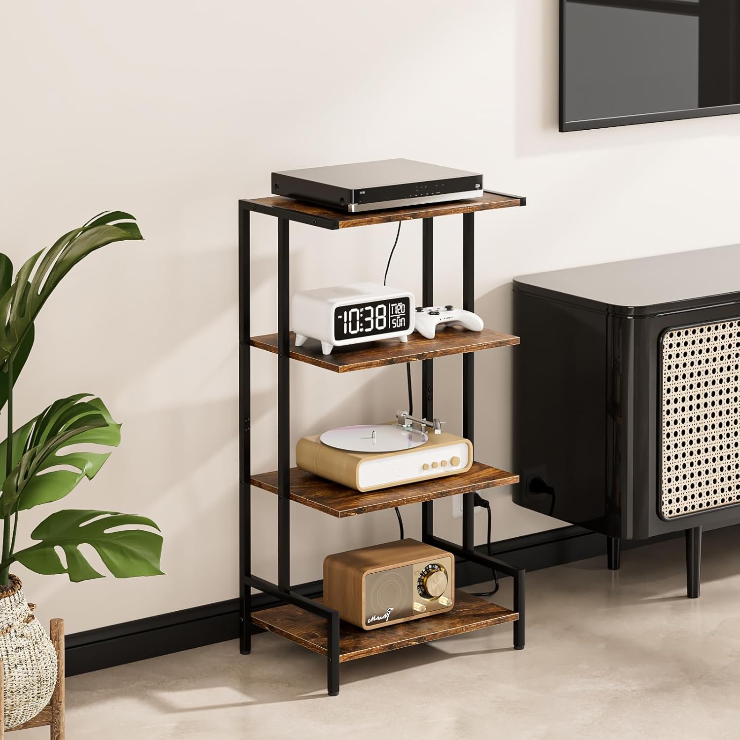 4-Tier AV Media Stand with Power Outlet and LED Lights,Wooden Stereo Stand Cabinet,Game Console Shelf for Small Space,Audio Rack Stand Tower Ideal for Video DVD Players,Xbox - Image 7
