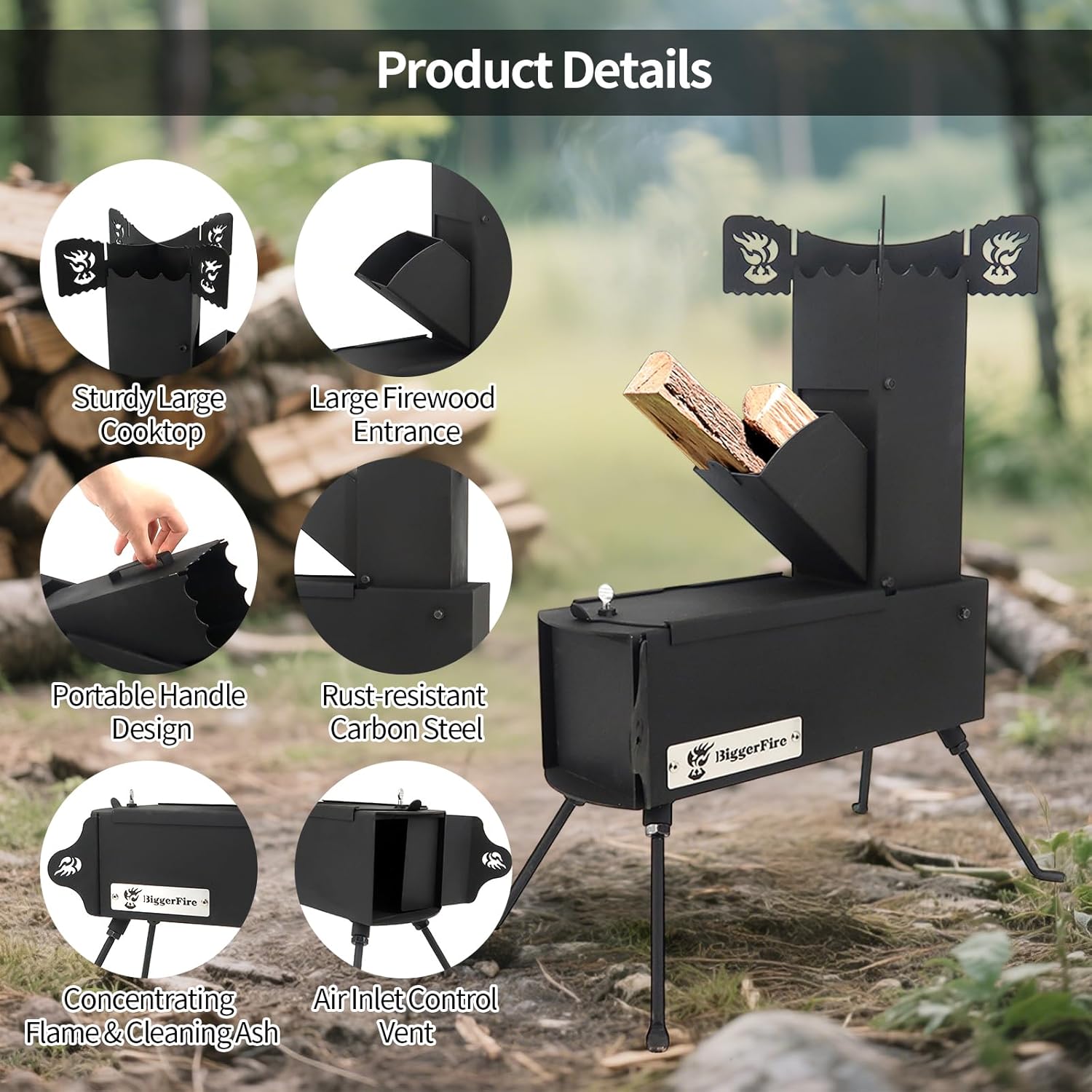 Rocket Stove Portable Folding Wood Burning Camping Stove for Outdoor Cooking, Picnic, BBQ, Hunting, Fishing, Cast Steel Pocket Rocket Stove with Carrying Bag - Image 3
