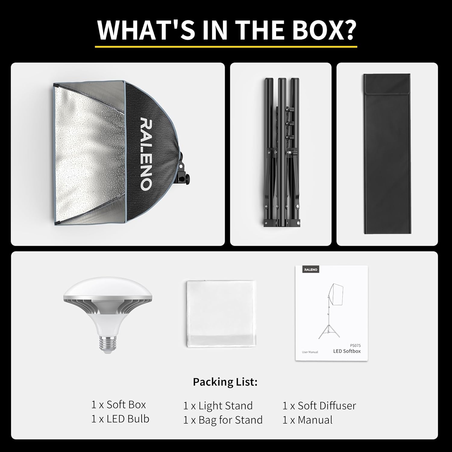 RALENO Softbox Photography Lighting Kit, 16'' x 16'' Softbox Lighting for TikTok with LED Bulb (50W | 5500K | 97 CRI | TLCI≥97), Continuous Light for Video Recording & Photography Shooting - Image 8