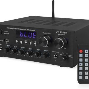 Pyle Stereo Amplifier Audio Receiver with Remote Control - Bluetooth Streaming, MP3/USB/SD/FM Radio, 2.0 Channel HiFi Sound System with RCA/Aux Inputs, Microphone & Headphone Jacks, Adjustable Bass