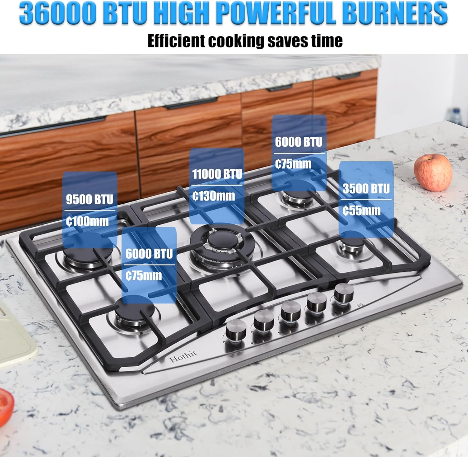 Hothit Propane Gas Cooktop 30" Inch, 5 Burner Built-in Stainless Steel Gas Stove Top, LPG/NG Dual Fuel Auto Ignition Gas Hob, Include Gas Pressure Regulator(L30"×W20")… - Image 3