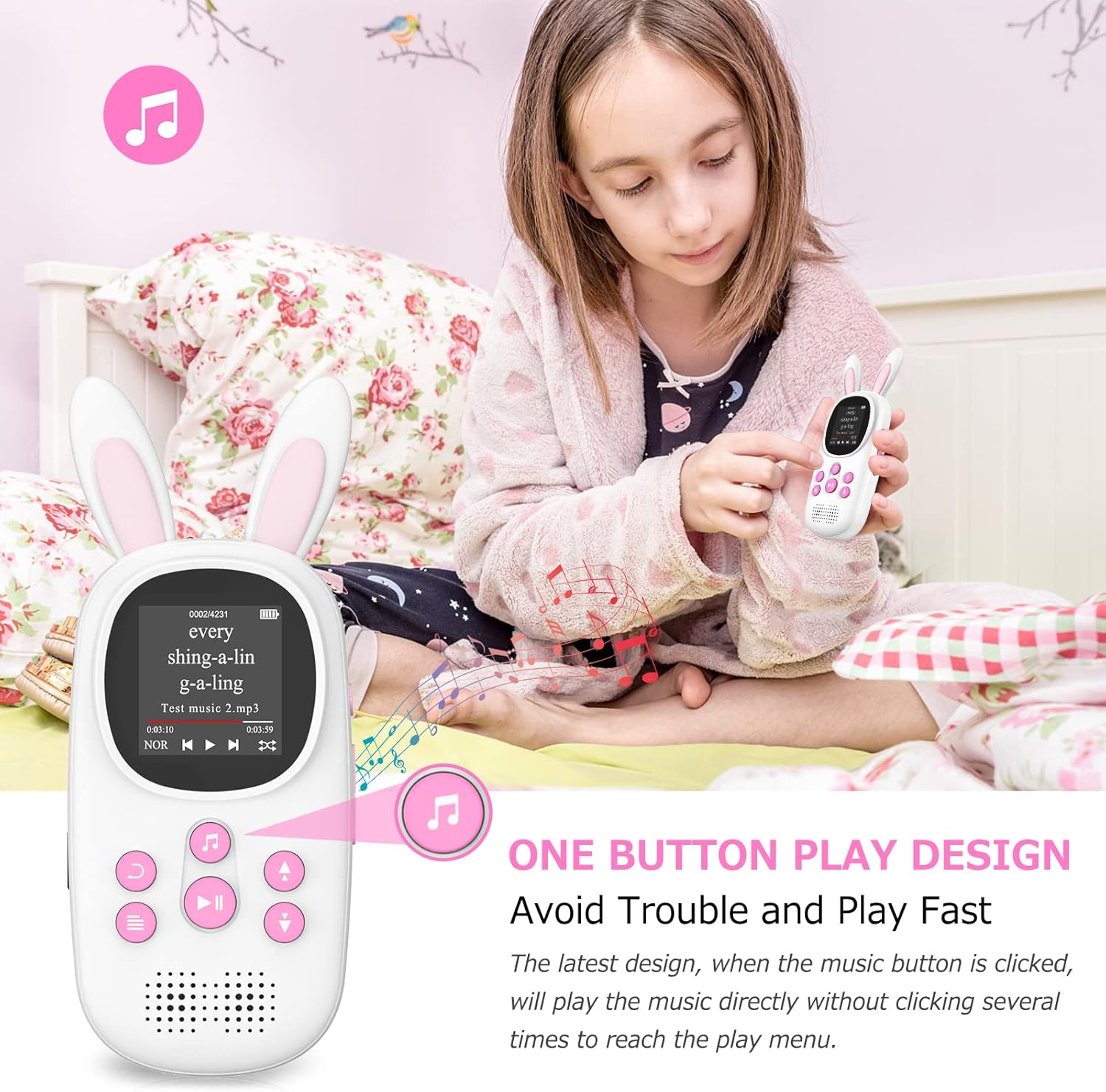 32GB MP3 Music Player for Kids, Cute Bunny Kids Music MP3 Player with Bluetooth, MP3 & MP4 Players with Speaker, MP3 Player with FM Radio, Recordings, Alarm, Pedometer, Stopwatch, Support up to 128GB - Image 7