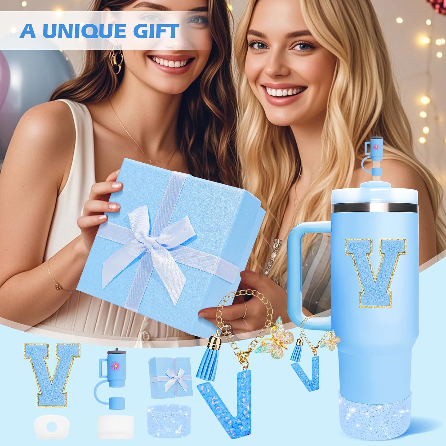 Blue Accessories for Stanley Cup Accessories 30OZ 40OZ, All Accessories Gift Box Contain Flower Straw Topper, Sillicone Boot, Letter Stickers and Pendants,Spill Stopper Set (Blue V) - Image 7